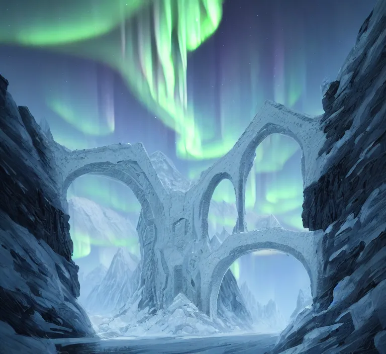 Image similar to a very detailed concept art of intricate and well designed white gates to epic mountains, infused with aurora borealis by greg rutkowski, dynamic lighting trending on artstation, symmetry, digital art, 4 k, hyper realistic, octane render, sharp focus