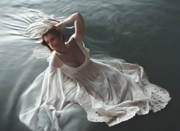 Image similar to kodak portra 4 0 0 photographic and realistic, 7 0 s living room, detailed, octane render, unreal engine, 4 k, artstation, hyper realistic, a woman afloat, white lace dress, floor flooded, wide angle, how river, 2 8 mm, sharp focus, soft light, volumetric light fog, in the style of gregory crewdson