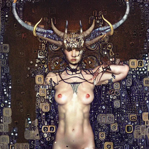 Prompt: horned cybernetic demon trapped in circuitry, intricate detail, klimt, royo, whealan,