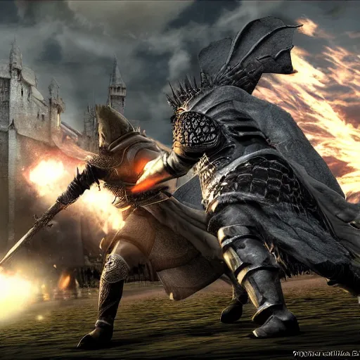 Image similar to 2 lords from dark souls having a battle