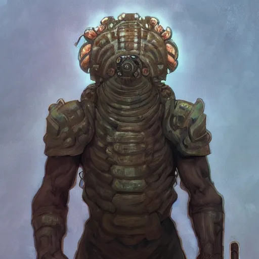 Prompt: portrait of hulking, brutish clone with vacant expression and giant isopod attached to back of neck, wearing brutalist black armor and camoflauge cloak, clearly visible face, science fiction concept art by Anato Finnstark, Alphonse Mucha, and Greg Rutkowski