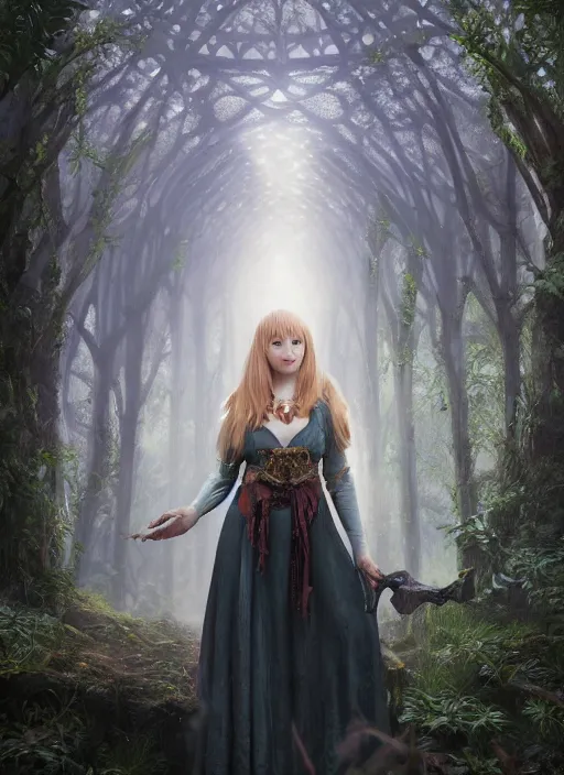 Image similar to Beautiful art portrait of Melissa Rauch as a fantasy gothic priestess in a bright temple surrounded by lush forest, atmospheric lighting, intricate detail, cgsociety, hyperrealistic, octane render, RPG portrait, ambient light, dynamic lighting