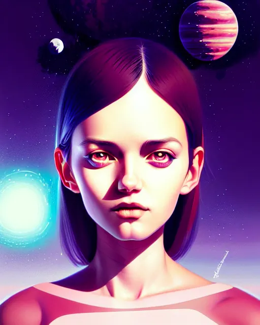 Prompt: girl in space, floating beside planets, symmetrical face and body, symmetrical composition, dynamic wavey hair, detailed designs, digital painting, 4 k, by ilya kuvshinov, by greg rutkowski, atmospheric lighting