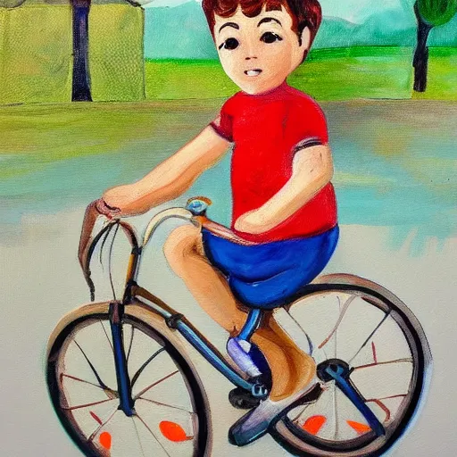 Prompt: a painting of a boy riding a bicycle in spain