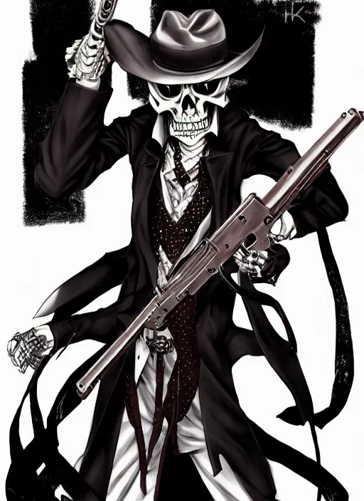 Image similar to shin megami tensei art of a demon that is a skeleton mafia gangster from 1 9 3 0 s holding a tommygun wearing a fedora, art by kazuma kaneko, demonic! compedium!, digital drawing, law - alligned, white background, high quality, highly detailed