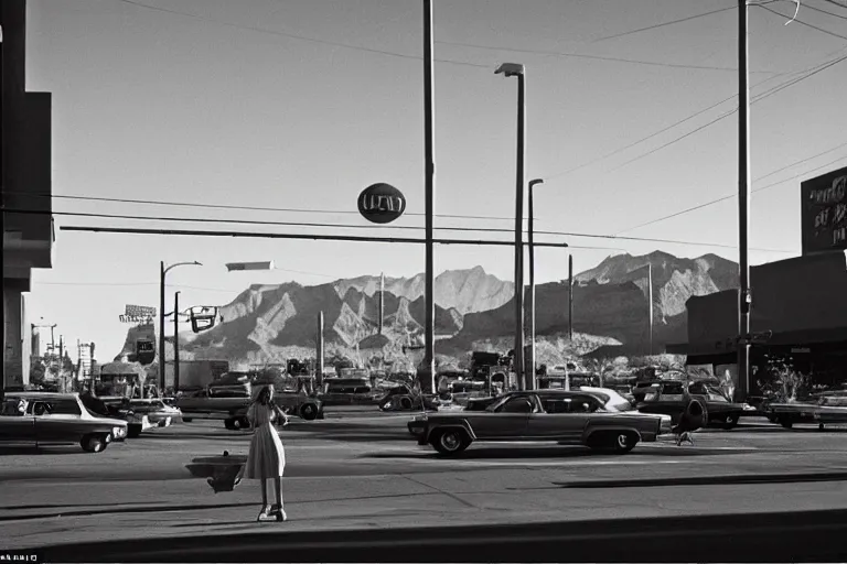 Image similar to 1 9 7 6 vegas street scene with a woman floating in the sky in the foreground, deep focus, intricate, elegant, highly detailed, matte, sharp focus, photography of gregory crewdson