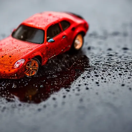 Image similar to macro photography of a hot wheels car driving through a puddle in the rain, 3 5 mm