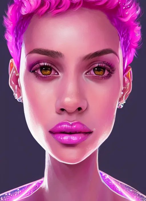 Image similar to portrait of vanessa morgan with bright pink hair, curly pixie cut hair, wearing a purple breton cap, breton cap, hoop earrings, intricate, elegant, glowing lights, highly detailed, digital painting, artstation, concept art, smooth, sharp focus, illustration, art by wlop, mars ravelo and greg rutkowski