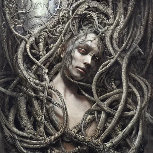 Image similar to biomechanical medusa by gustave dore and gustave moreau and beksinski and giger and craig mullins and jeremy mann