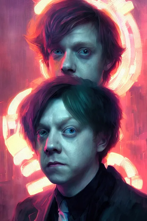 Image similar to portrait of Rupert Grint as Ron Wisly in cyberpunk, neon lighting, night city, digital art from artstation by Ruan Jia and Mandy Jurgens and Artgerm and william-adolphe bouguereau and Greg Rutkowski