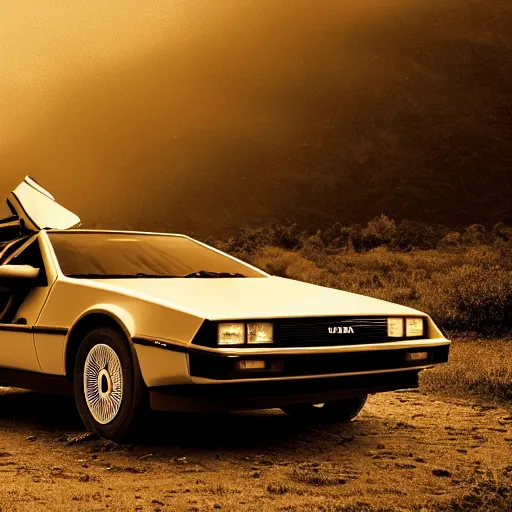 Image similar to a monochromatic sepia photograph of a delorean traveling with pioneers on the oregon trail, trending on art station,