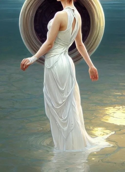 Image similar to long shot, woman posing, short wavy hair, round face, intricate white dress, cottagecore!!, inside water, intricate, enlightened, highly detailed, digital painting, artstation, concept art, smooth, sharp focus, illustration, art by artgerm and greg rutkowski and alphonse mucha