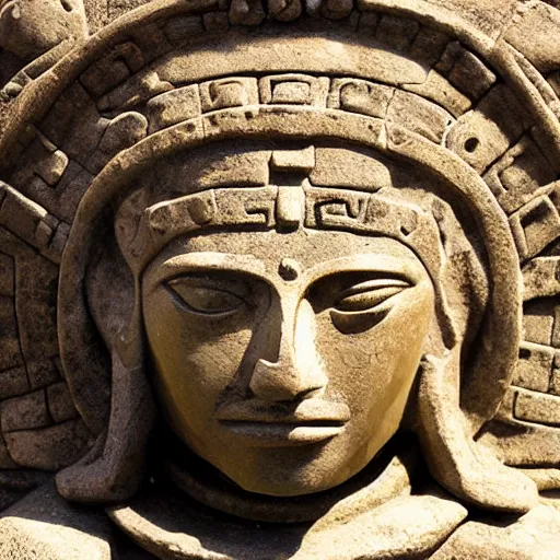 Image similar to ancient aztec, ancient mayan, stone statue, stone sculpture, face of The Wise Sister, digital art