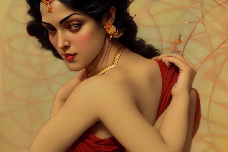 Image similar to sensual pale beautiful bengali girl, art deco portrait, elegant, intricate, digital painting, artstation, concept art, smooth, sharp focus, illustration, art by artgerm and greg rutkowski and alphonse mucha