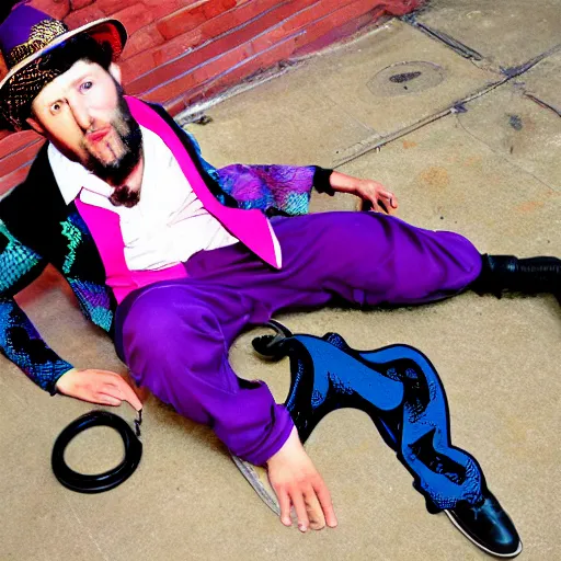 Image similar to breakdancing snake oil salesman, purple green cowboy b-boy, wildystyle