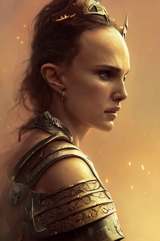 Image similar to natalie portman, legendary warrior, heroic, lord of the rings, tattoos, decorative ornaments, battle armor, by carl spitzweg, ismail inceoglu, vdragan bibin, hans thoma, greg rutkowski, alexandros pyromallis, perfect face, fine details, realistic shading photorealism