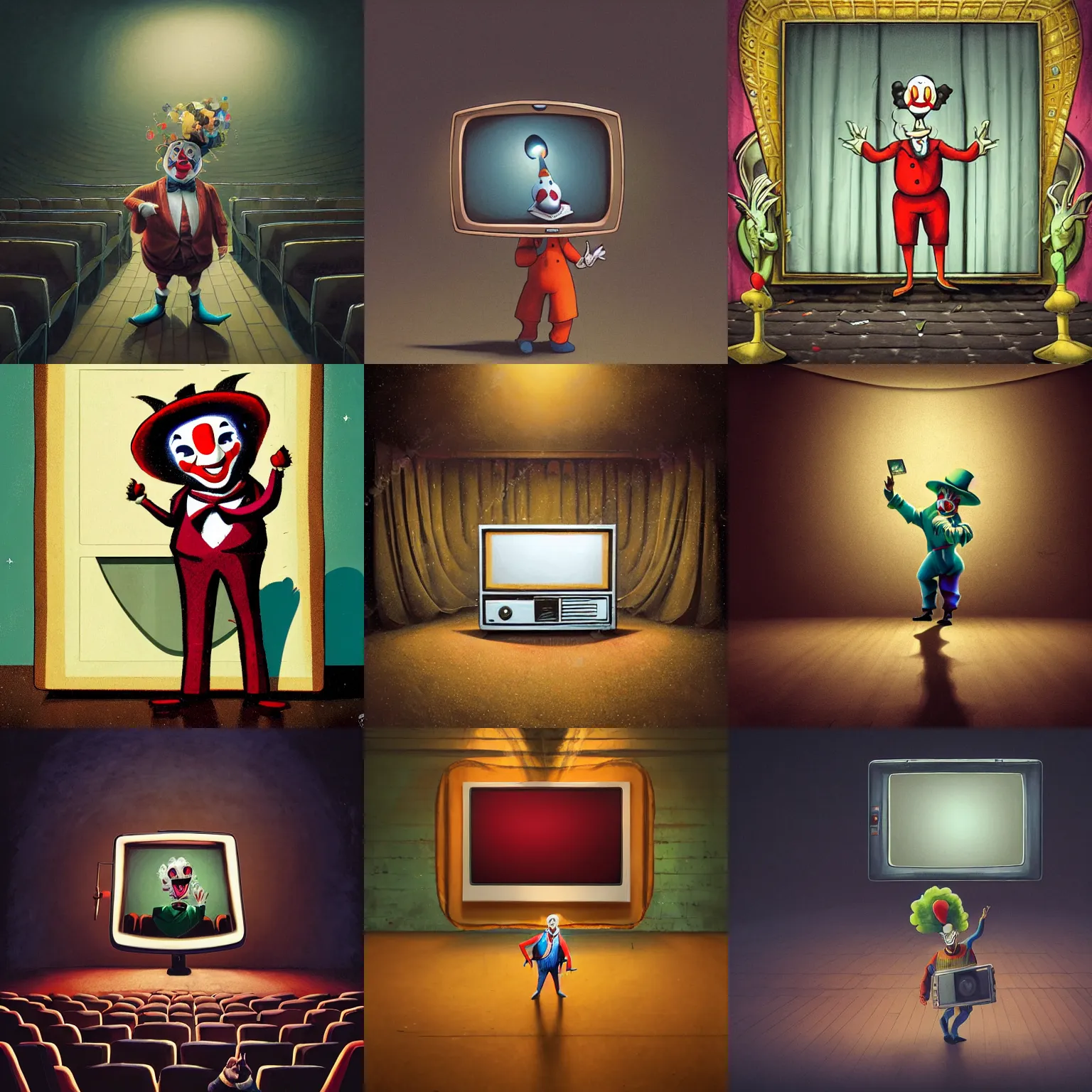 Prompt: a clown holding a small old tv screen in front of his chest and standing on a stage in a big empty theater! in the style of peter mohrbacher and jacek yerka, cinematic lighting, detailed, empty seats