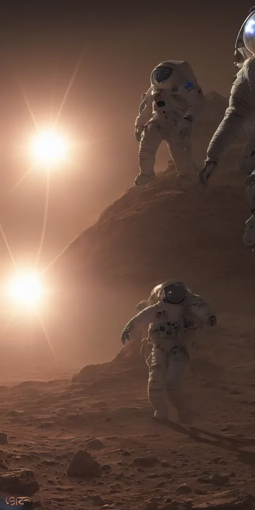 Image similar to concept art, an american astronaut in the distance + a new lightweight spacesuit landing on mars, musk's mars migration program, cyberpunk, backlight, epic, high detail, 8 k, octane rendering, unreal engine.