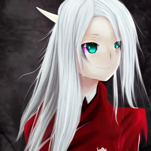 Image similar to white hair, red eyes, two small horn on the head, anime style, anime girl, elf ears