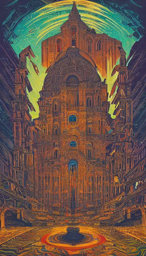Image similar to The cathedral of ancient prophecies and wisdom, italian futurism, Dan Mumford, Josan Gonzalez