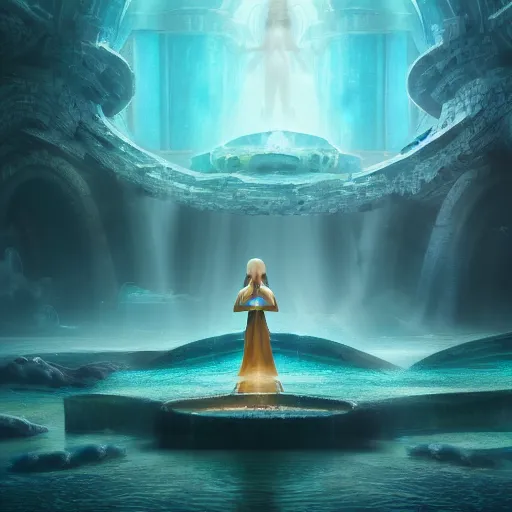 Image similar to concept art trending on art station detailed matte painting of a mystical being meditation in Atlantis city , dramatic, 8k, digital art, aesthetic