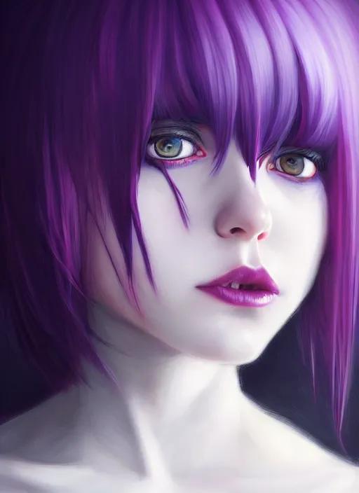 Image similar to hair blackbangs hair, white hair, blackbangs, portrait of teenage girl with white hair, red irises, purple clothes, black bangs, bangs are different color from hair, intricate, elegant, glowing lights, highly detailed, digital painting, artstation, concept art, smooth, sharp focus, illustration, art by wlop, mars ravelo and greg rutkowski