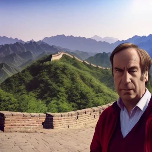 Image similar to saul goodman next to the great wall of china, hyper realistic, smooth lighting, mid shot