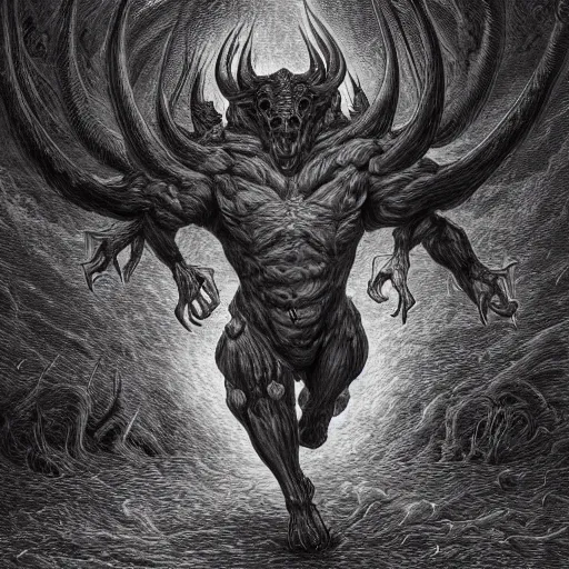 Image similar to full body of horned muscled humanoid beast, 3/4 view from below, engulfed in swirling flames, grayscale drawing by Gustave Dore and Anato Finnstark