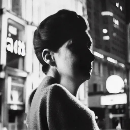 Prompt: analog head and shoulder fine art portrait photography of a woman by vivien maier, on madison avenue, american street photography, candid, marquee lights glow in the background, flimic, kodak brownie camera, in - frame