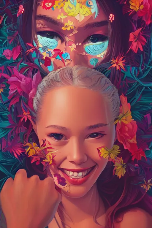 Prompt: a beautiful young girl smiling, Tristan Eaton, victo ngai, artgerm, RHADS, ross draws