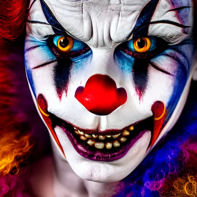 Image similar to full length photo of a beautiful female killer clown, highly detailed, 8 k, hdr, close up, smooth, sharp focus, high resolution, award - winning photo