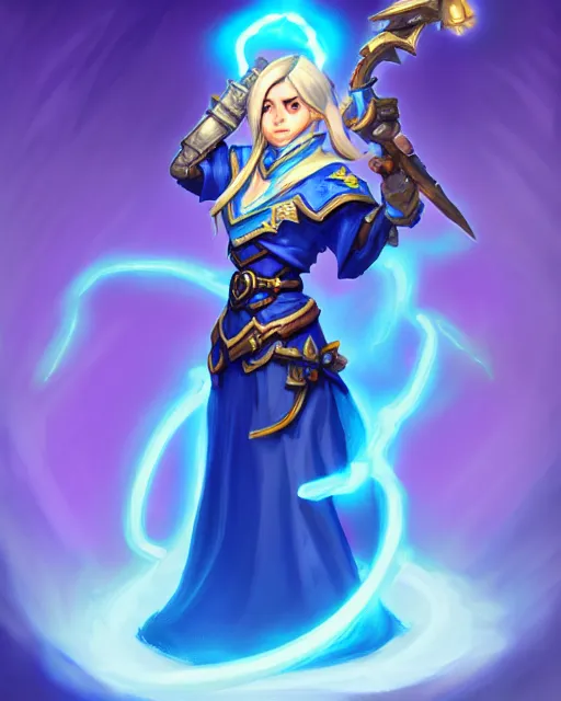 Image similar to perfectly - centered!! looking at the camera!!! full body portrait of the female blue mage, bright lighting, by hearthstone, concept art, hearthstone mastered art