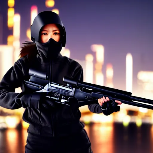 Prompt: photographic portrait of a techwear woman holding a shotgun, closeup, on the rooftop of a futuristic city at night, 4k, depth of field, high resolution, full color, Die Hard, movies with guns, movie firearms