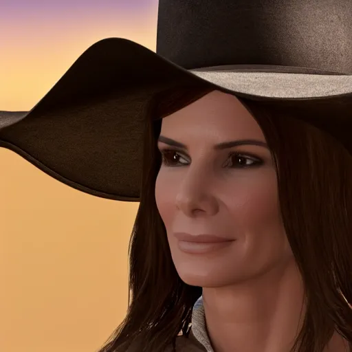 Prompt: Closeup of Sandra bullock wearing a black cowboy hat in wild wild west 1999, an ambient occlusion render by Miyamoto, polycount, superflat, prerendered graphics, physically based rendering, unreal engine 5