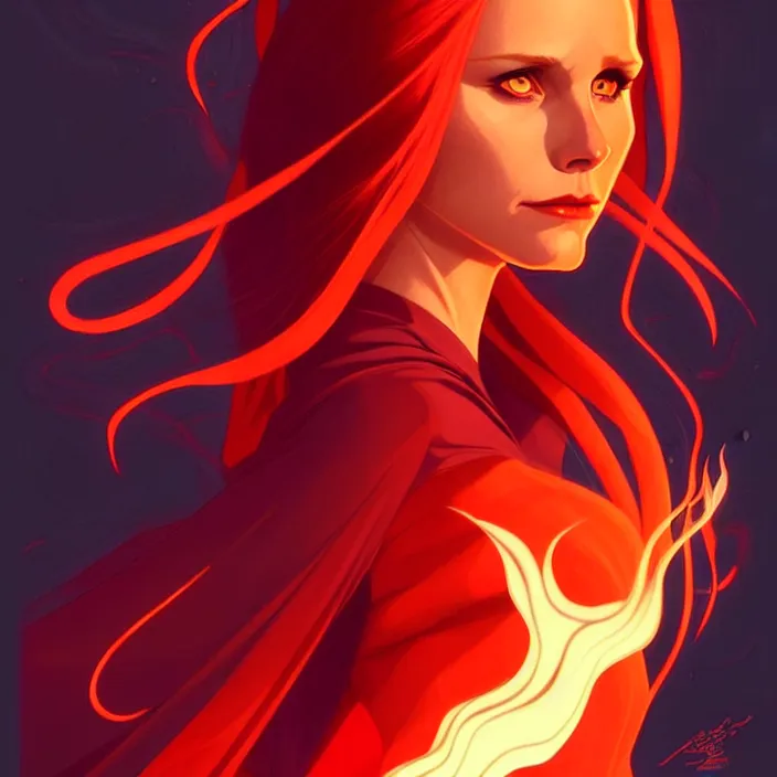 Image similar to style artgerm, joshua middleton, gerald brom, beautiful kristen bell with dark red dress, very long orange hair, symmetrical face, symmetrical eyes, fire powers fire swirling, detailed, volcano setting, cinematic lighting