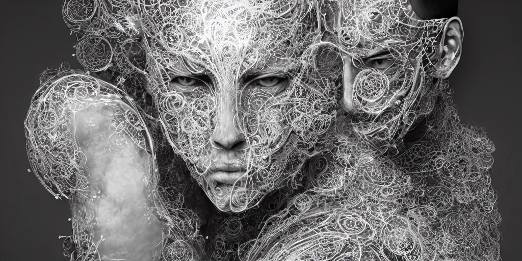 Image similar to hyperrealistic photography of a stunningly beautiful cyborg male, intimate, intricate filigree, fibonacci, in the style of beth cavener, jin kagetsu, and wlop, highly detailed, chrome face symmetry, masterpiece, award winning, sharp focus, concept art, high key, ambient lighting, 8 k, octane render,