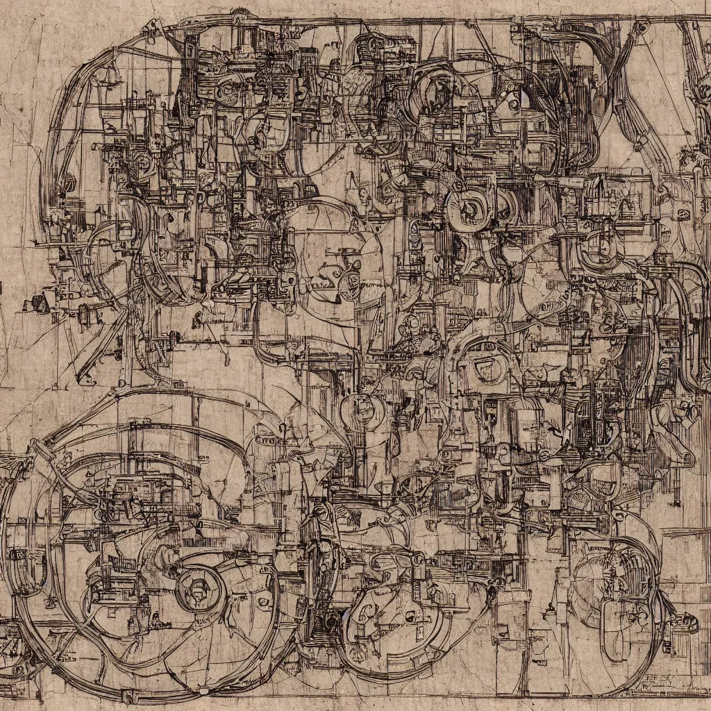 Image similar to davinci schematic of an intricate machine that turns water into wine, 8 k