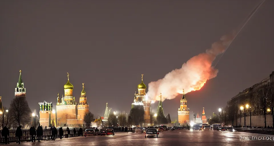 Image similar to Moscow Kremlin is on fire, dark atmosphere, lots of fire, clubs of smoke. Photography.