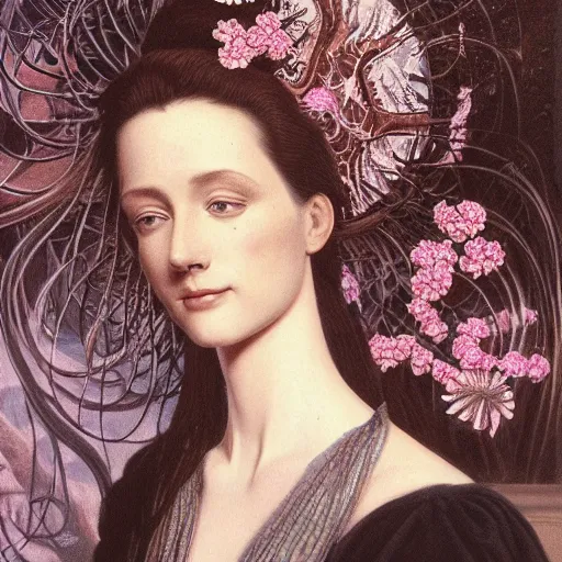 Prompt: facial portrait of a young pretty woman in flowing dress, arrogant, mysterious, long fine flowing hair, delicate, looking at camera, slightly awkward smile, realistic face, hands behind back, intricate, stylish, elegant, grimdark fantasy, flowers, extremely detailed painting by Gerald Brom and Ernst Haeckel and Greg Rutkowski