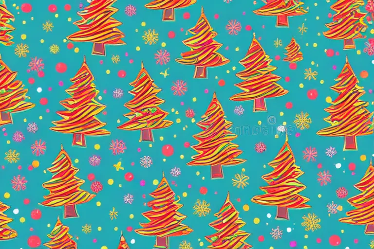 Prompt: a wrapping paper pattern with psychedelic christmas trees print, illustration