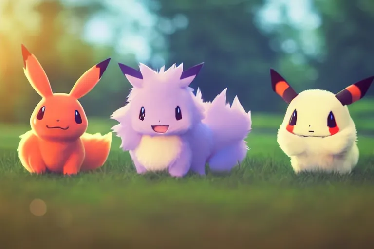 Prompt: photo of real life pokemons, cute!!!, content!!!, mischievous!!!, adorable!!!, fluffy!!!, ultra realistic!!!, golden hour, sharp focus, tiny amount of chromatic aberration