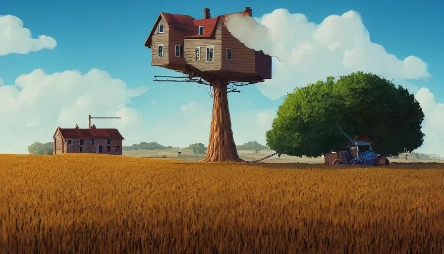 Image similar to gigantic cat next to the small house, wheat field harvesting, big tree, matte painting, art station, blue sky, simon stalenhag