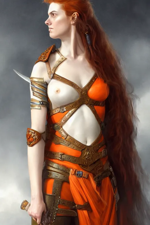 Image similar to full - body portrait of a ranger, female, white and orange breastplate, magical, high fantasy, d & d, by john collier, face details, extremely detailed, digital illustration