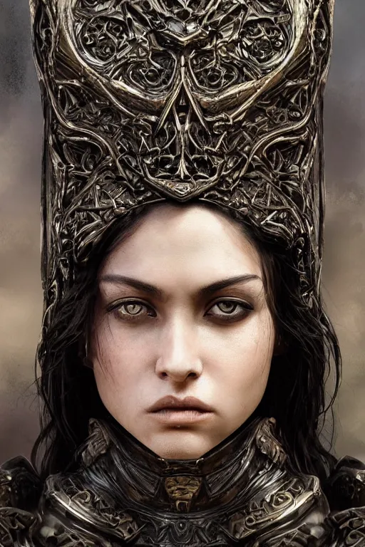 Image similar to onestylised woman , fair skin, big eyes, long black hair, no bangs, wearing sculpted textured armour, closes her eye, battle damage, intricate complexity, close-up of the front of the face, resolute expression, back lighting, 4K resolution, symmetric, clear facial features, by Ruan Jia and Mandy Jurgens and William-Adolphe Bouguereau, Karol Bak, smooth, sharp focus, rich deep colors, digital render, intricate, ultra realistic, concept art