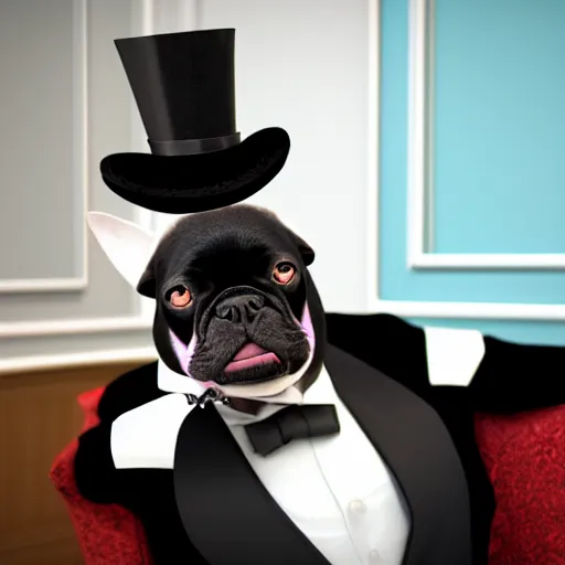 Prompt: a portrait picture of a black french bulldog wearing a dinner jacket wearing a top hat and smoking a pipe at a french cafe with tentacles for arms octane render unreal engine 5 4 k symmetric