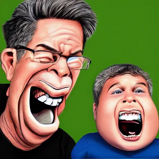 Image similar to Father yelling energetically with a big mouth at his little son who keeps his head down., caricature portrait exaggerated by Sebastian Krüger and Bruno Tesse trending on artstation, hyperdetailed, humor, perfect composition