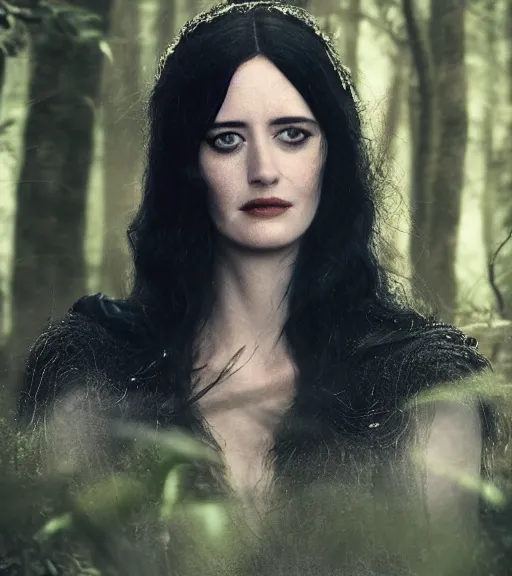 Prompt: 5 5 mm close up portrait photo of eva green as yennefer of vengerberg in black leather armor and long black fluff hair, in a forest. magical atmosphere. art by greg rutkowski. lifelike. very detailed 8 k. intricate. soft light. nikon d 8 5 0.