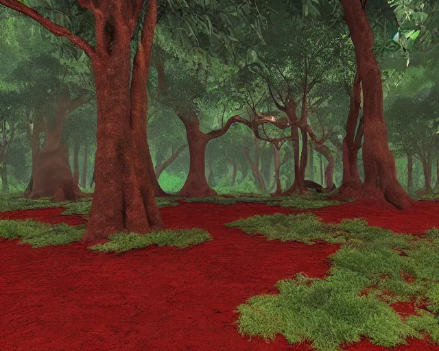 Prompt: deciduous forest in a humid subtropical climate with red clay soil, award winning fantasy concept art