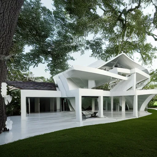 Image similar to evolving fractal, flowing white architectural Villa, futuristic 3D, voronoi pattern of a timber-frame pool pavilion with magnolias on the roof has its own guest entry and distinct areas for cooking, dining, and relaxing, the dining rotunda has a built-in pizza oven and a custom-designed table to accommodate eight to 16 people, the center section of the structure features the kitchen and bar, the lounge rotunda provides a covered seating area located adjacent to the fireplace, the pavilion’s ceiling has a floral motif that mimics a magnolia tree near the pool slide, sun rays through the pavilion structure, lush botanical trees, prairie landscaping, sunrise, golden hour, illuminated pool, fluffy clouds