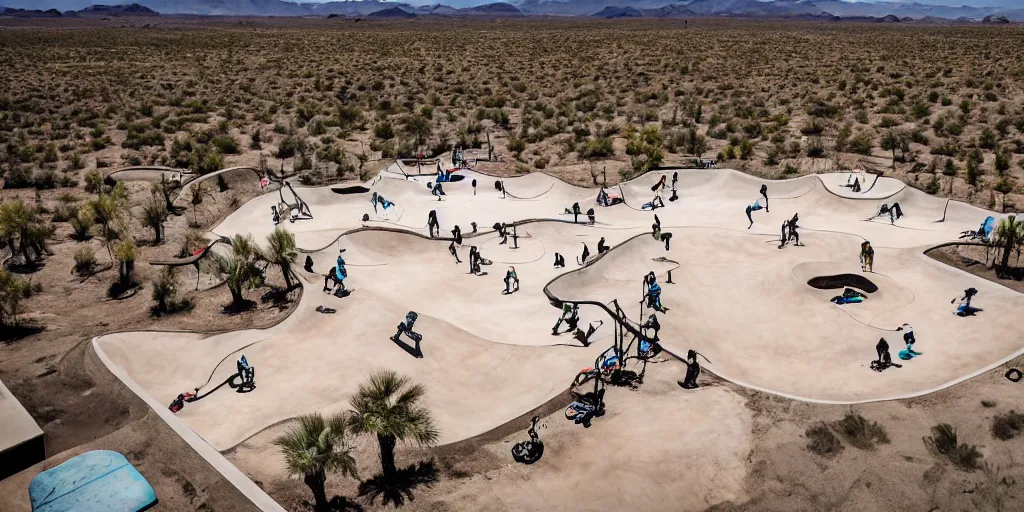 Image similar to drone view of a skatepark, in a desert oasis